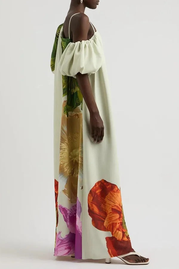 Floral Print Slant Collar Puff Sleeves Loose Holiday Maxi Dress