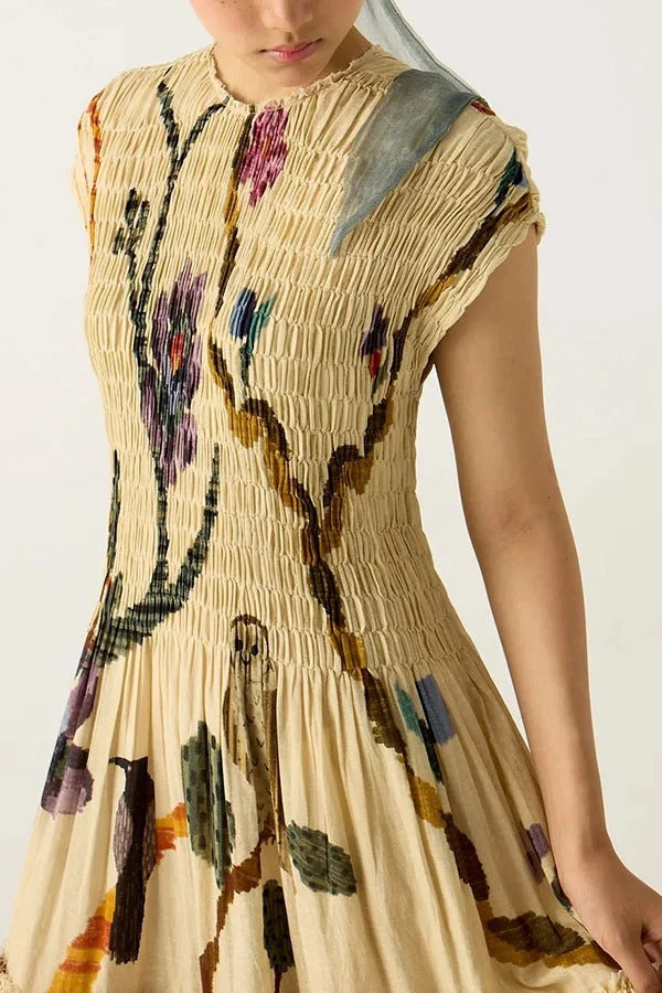 Relaxed and Playful Unique Print Smocked Short Sleeve Flare Maxi Dress