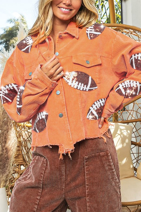 Corduroy and rugby sequined jacket women's multi-color tassel baseball uniform Orange