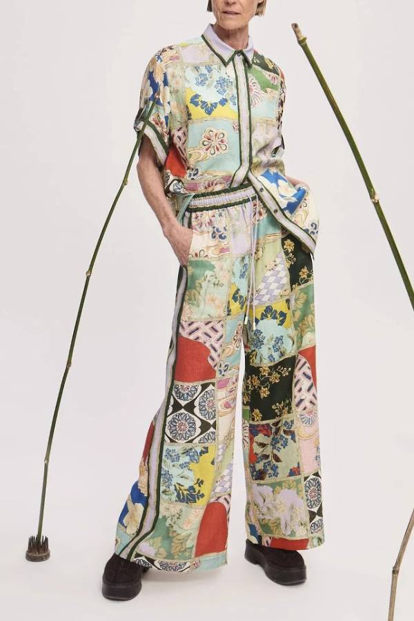 Vintage Patchwork Print Short Sleeve Shirt & Wide Leg Pants Loungewear Set