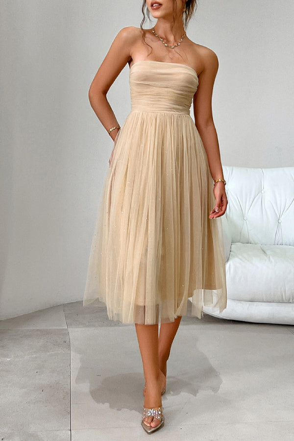 Women's Elegant High-end Tube Top High Waist Mesh Mid-length Evening Dress champagne