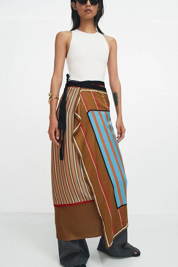 Fun Pairings Satin Colorblock Striped Print Wrap Tie-up Midi Skirt