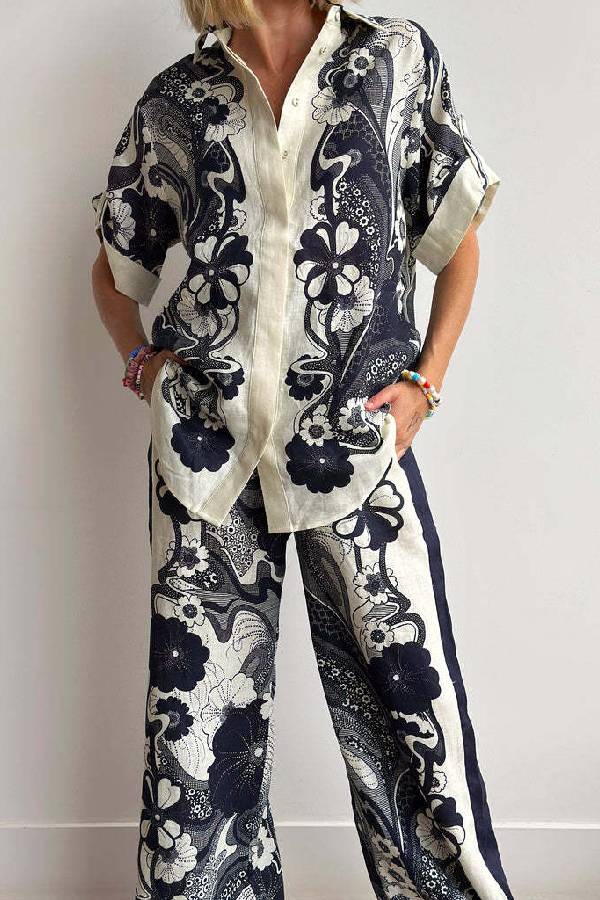 Ink Floral Print Short Sleeve Shirt & Wide Leg Pants Loungewear Set