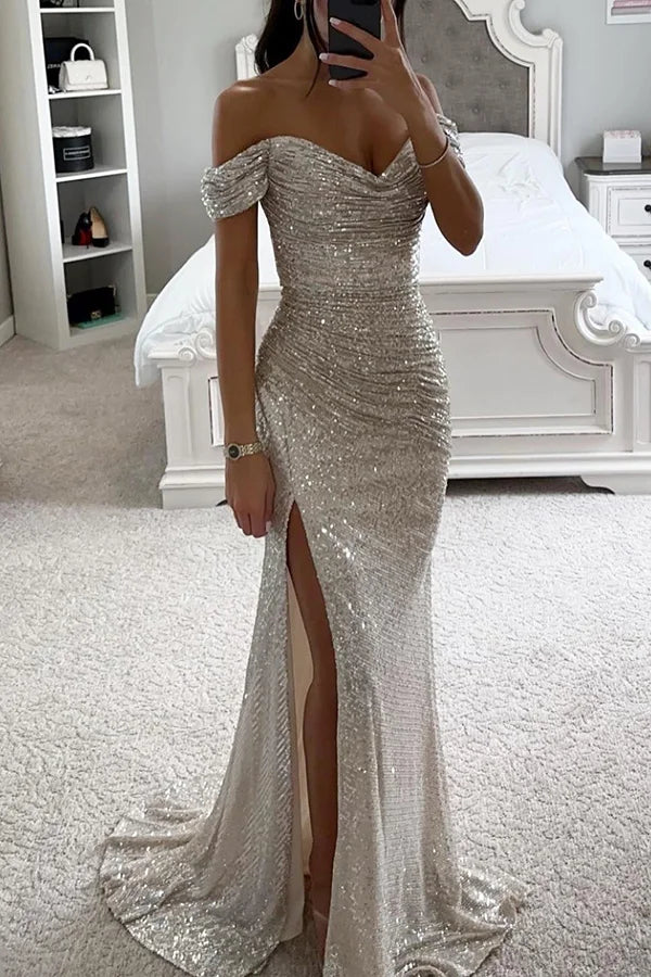 Diamond World Sequin Off Shoulder Ruched Slit Evening Maxi Dress Silver