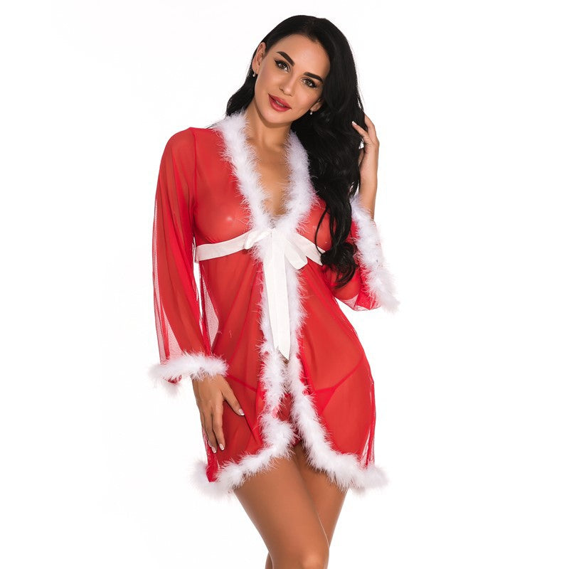 Christmas Uniform Cardigan Long Sleeve Nightgown Set Red