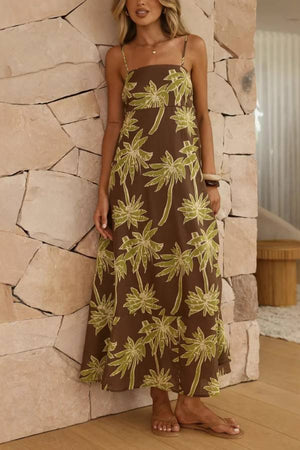 Palm Tree Print Square-Neck Cami Vacation Maxi Dress