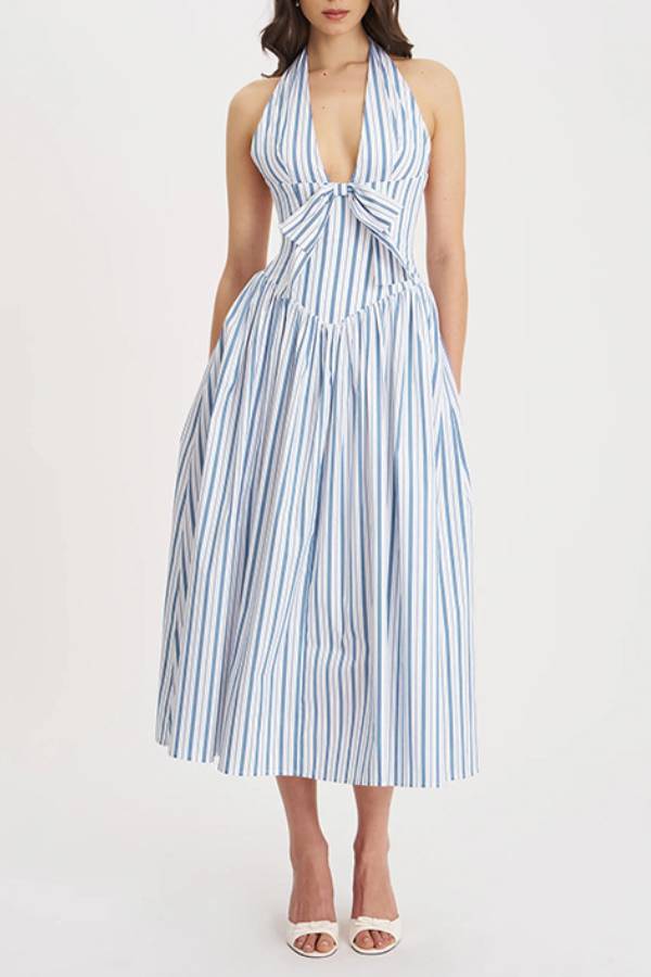 Blue-White Striped Halter Deep V Bow-Waisted Flowy Maxi Dress