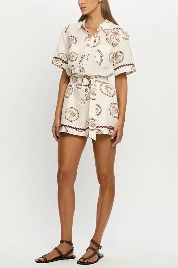 Resort Style Print Lapel Short Sleeves Casual Pocket Waist Tie Loose Rompers