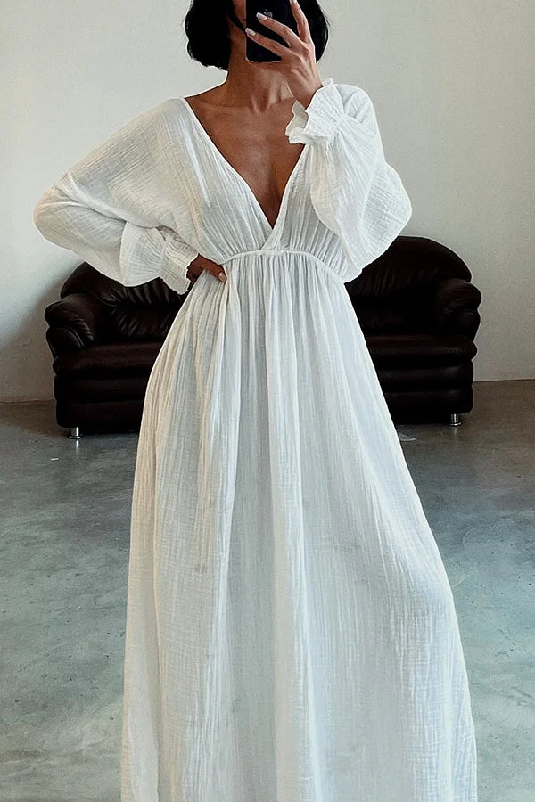 Casual V-neck Slit Cotton and Linen Dress White