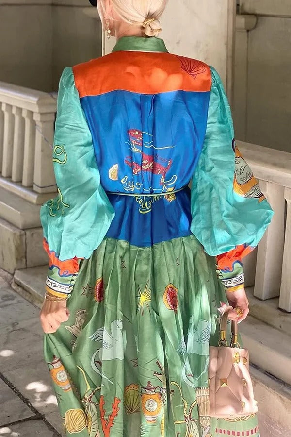 Puts A Smile Unique Print Lapel Lantern Sleeve Waist Tie Midi Dress