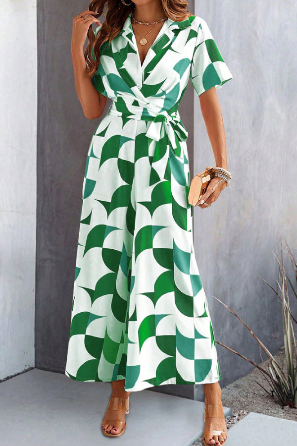 Women's Geometric Printed Short Sleeve Jumpsuit Green