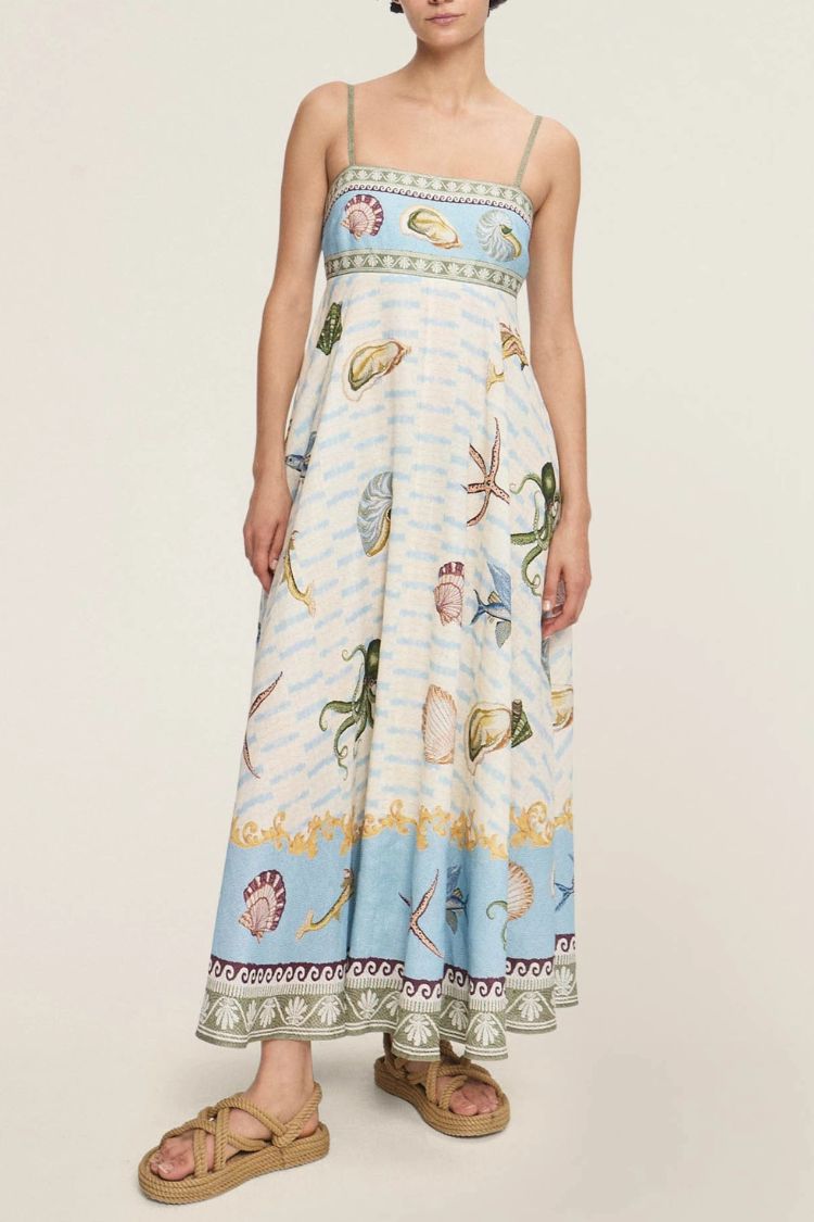 Unique Exquisite Deep Sea Floral Print Midi Dress Blue