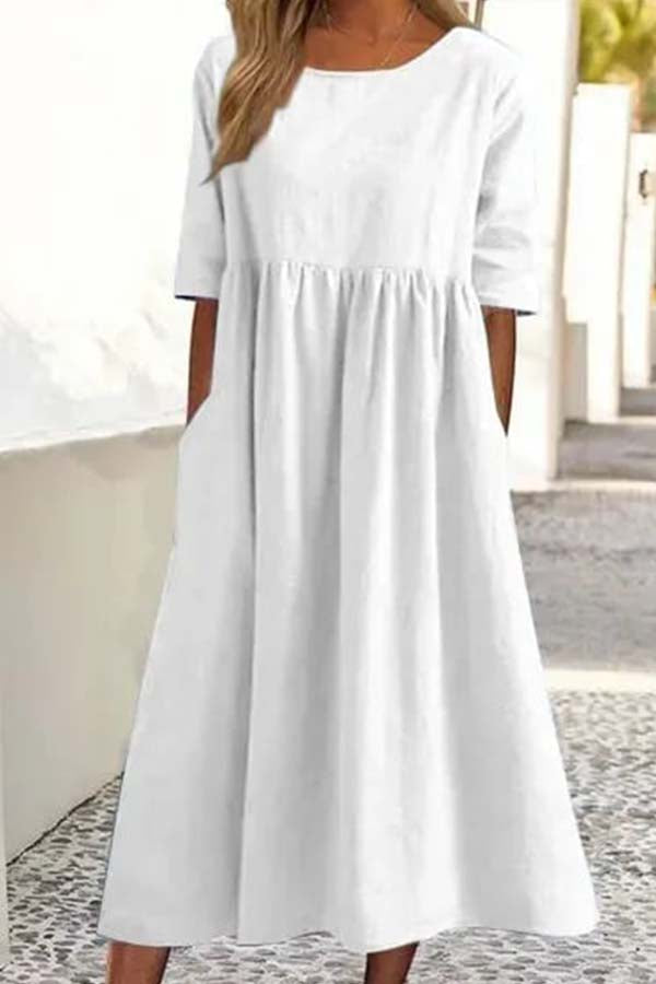 Summer Hot Sale -Round neck pocket halter cotton dress White