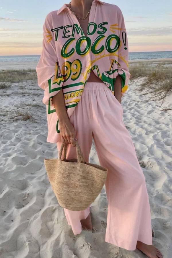 Tropical Print Shirt & Wide Leg Pants Two Piece Set