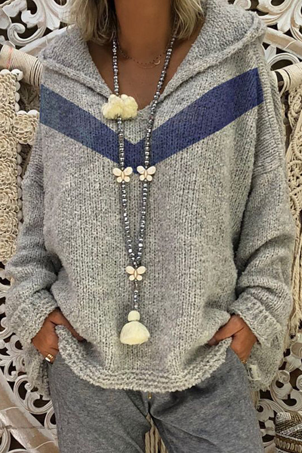 Color Block Loose Hooded Pullover Sweater Grey