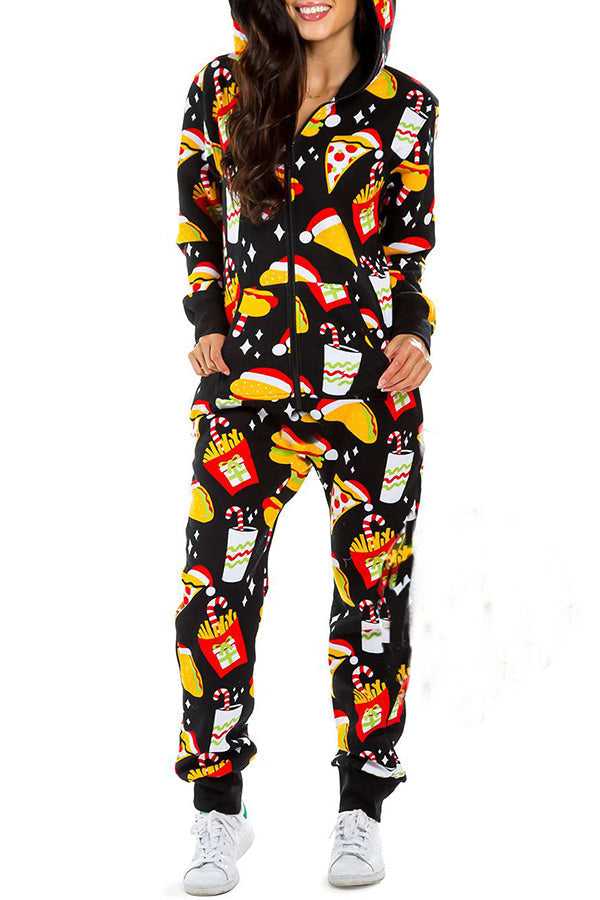 Christmas Print Zipper Pocketed Hooded Loungewear Jumpsuit 5