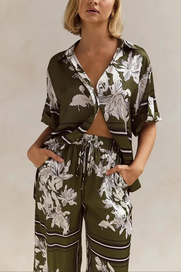 Fashionable Plant Print Loose Lapel Short Sleeve Shirt and Casual Elastic Waist Pocket Pants Set