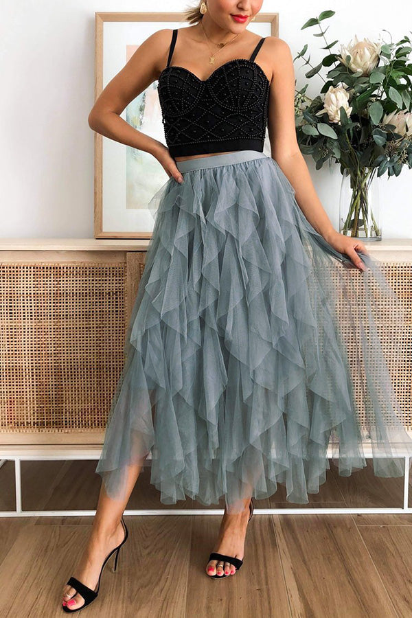 Fashionable solid color puffy mesh high waist slimming skirt Blue