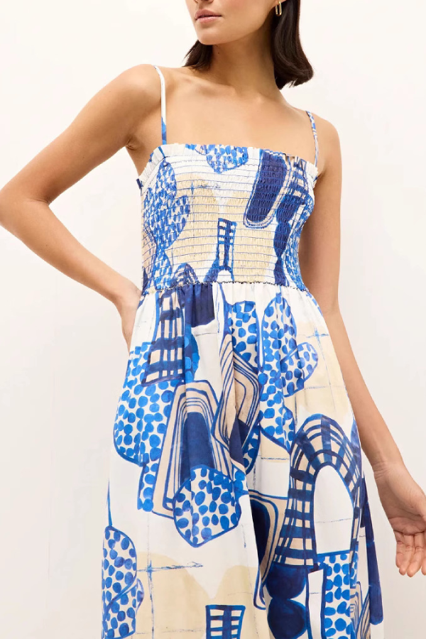 Art Geometric Print Spaghetti Strap Ruffle Midi Dress