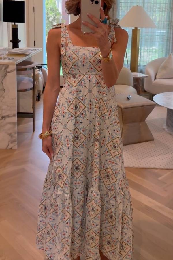Geometric Ethnic Print Tie-Strap Waisted Tiered Midi Dress