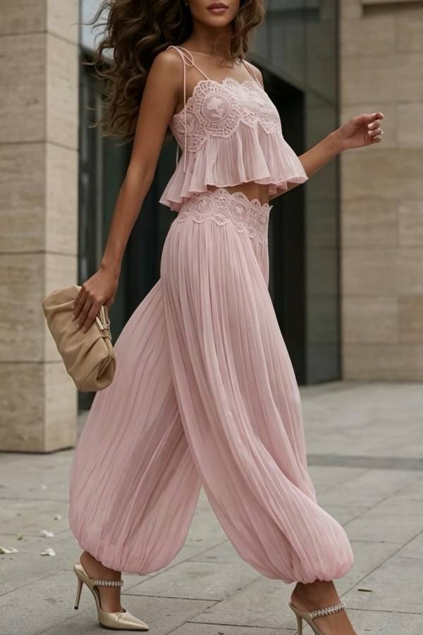 Dreamy Crinkle Chiffon Lace Trim Tank and High Rise Loose Lantern Pants Set