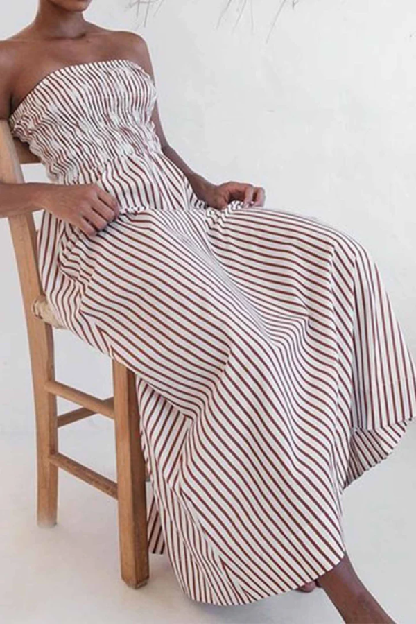 Retro Sleeveless Off-shoulder Elastic Pleated Maxi Dress Brown