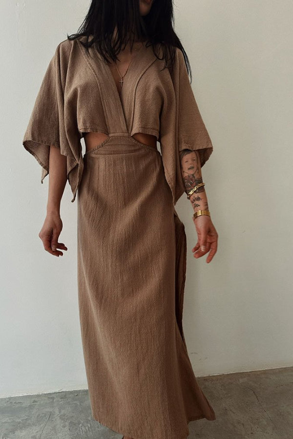 Chic Exposed Waist Cotton and Linen Dress Brown