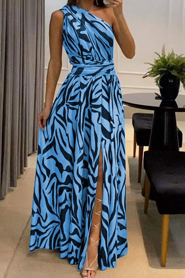 Sexy One Shoulder Sleeveless Printed Long Dress With Split Back Blue