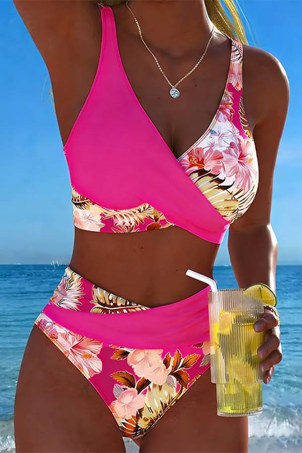 Tropical Floral Print Wrap-Front High-Waisted Bikini Set