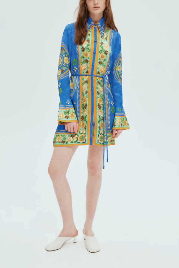 Katia Satin Unique Print Shaped Collar Tie-up Waist Shirt Mini Dress Blue