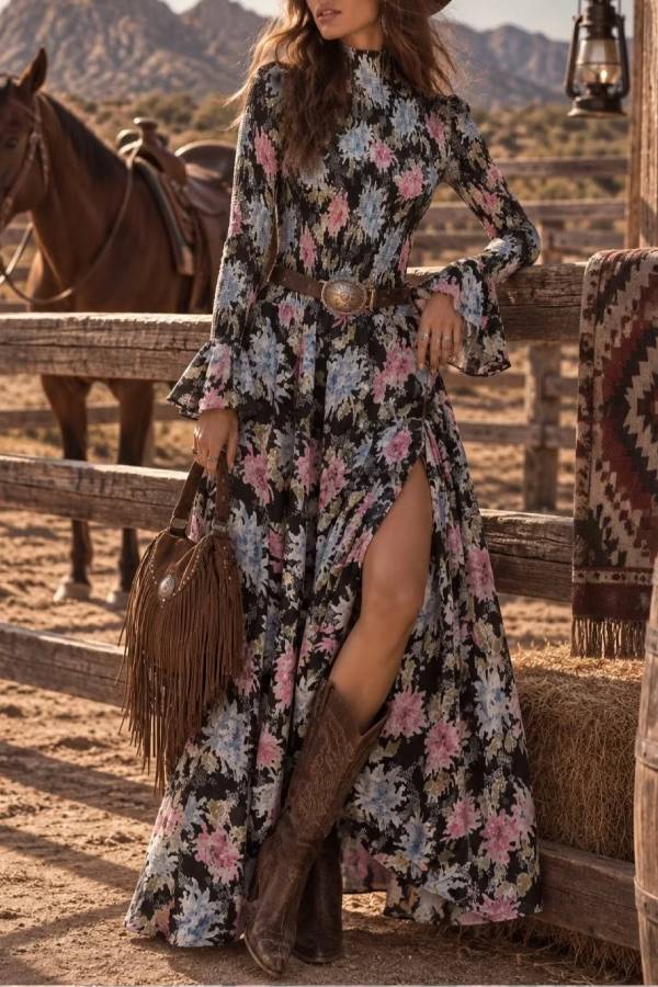 Vintage romantic floral print maxi dress with side slit