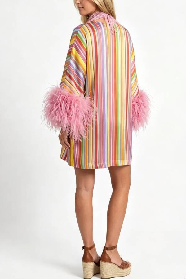 Rainbow Striped Feather Tassel Mini Dress