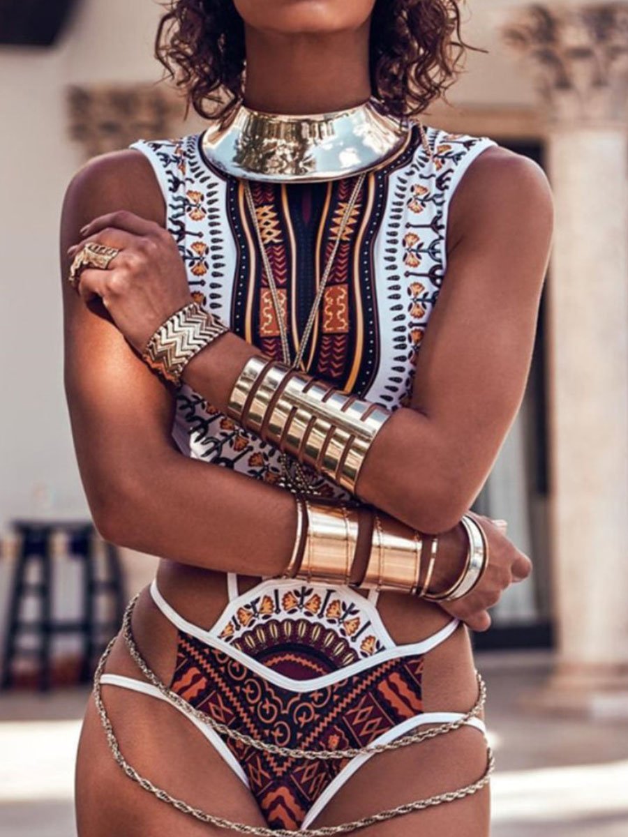 Hollow-out Design High Neck Halter One-piece Swimsuit (2 Colors) White