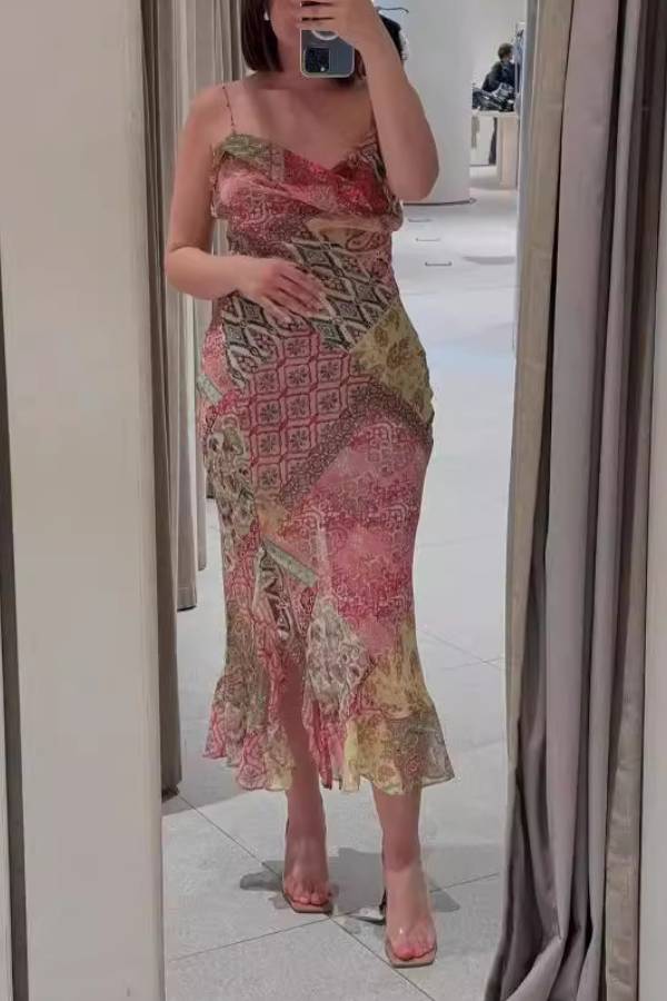 Printed Fishtail High Waist Mid-length Suspender Dress Pink