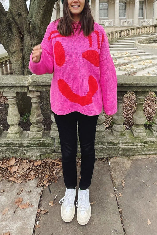 FEEL GOOD KNIT COLORFUL SMILEY FACE LOOSE PULLOVER SWEATER Navy blue