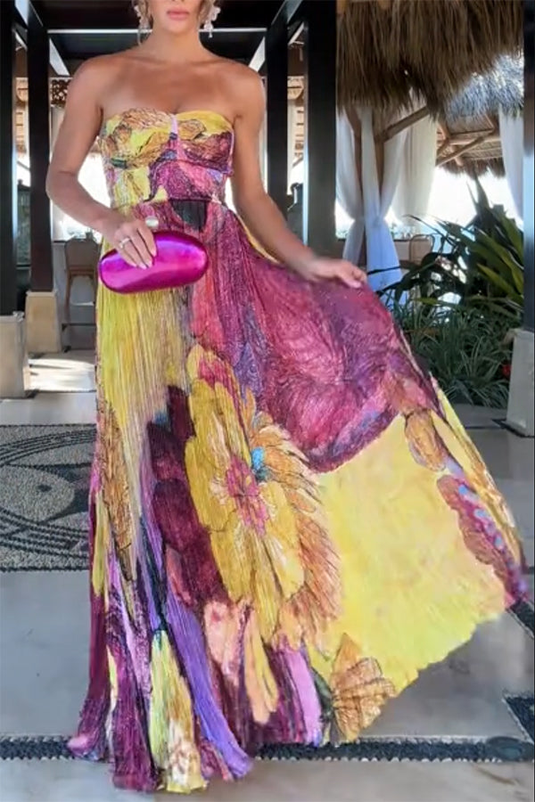 Vibrant and Bold Floral Print Sweetheart Neck Pleated Maxi Dress Yellow