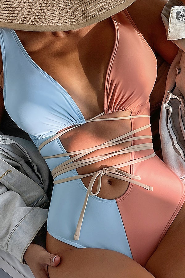 Stitching Hollow Contrast Color Strap One-piece Swimsuit Pink