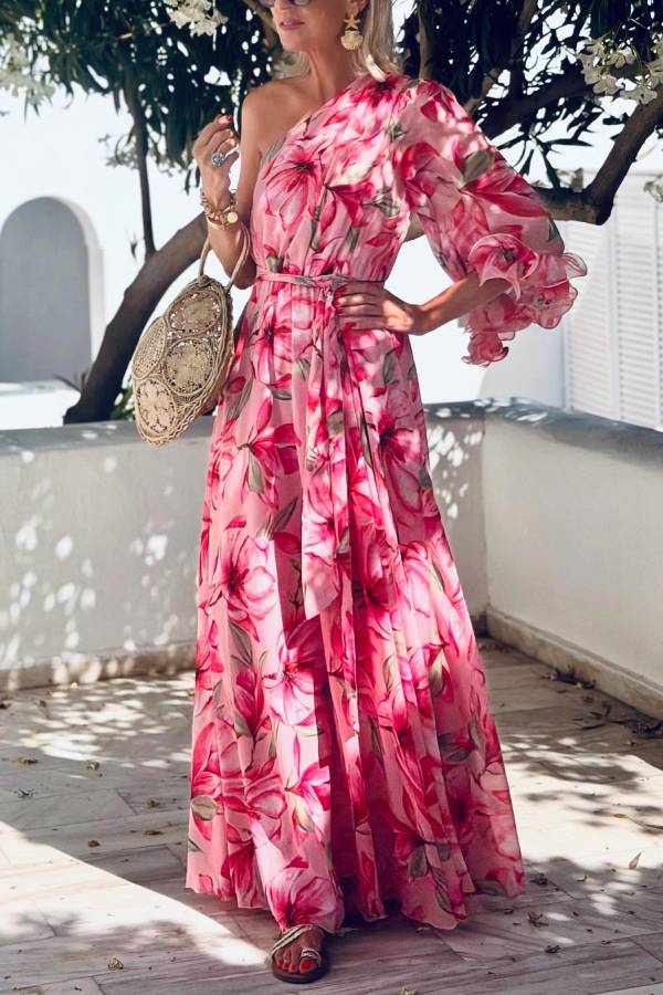 One Shoulder Floral Chiffon Vacation Maxi Dress