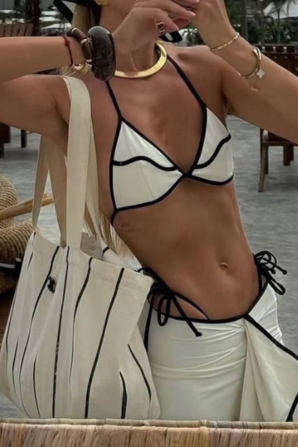 Color-Blocked Trim Halter Triangle Bikini with Ruffle Slit Cover-Up Skirt 3-Piece Set