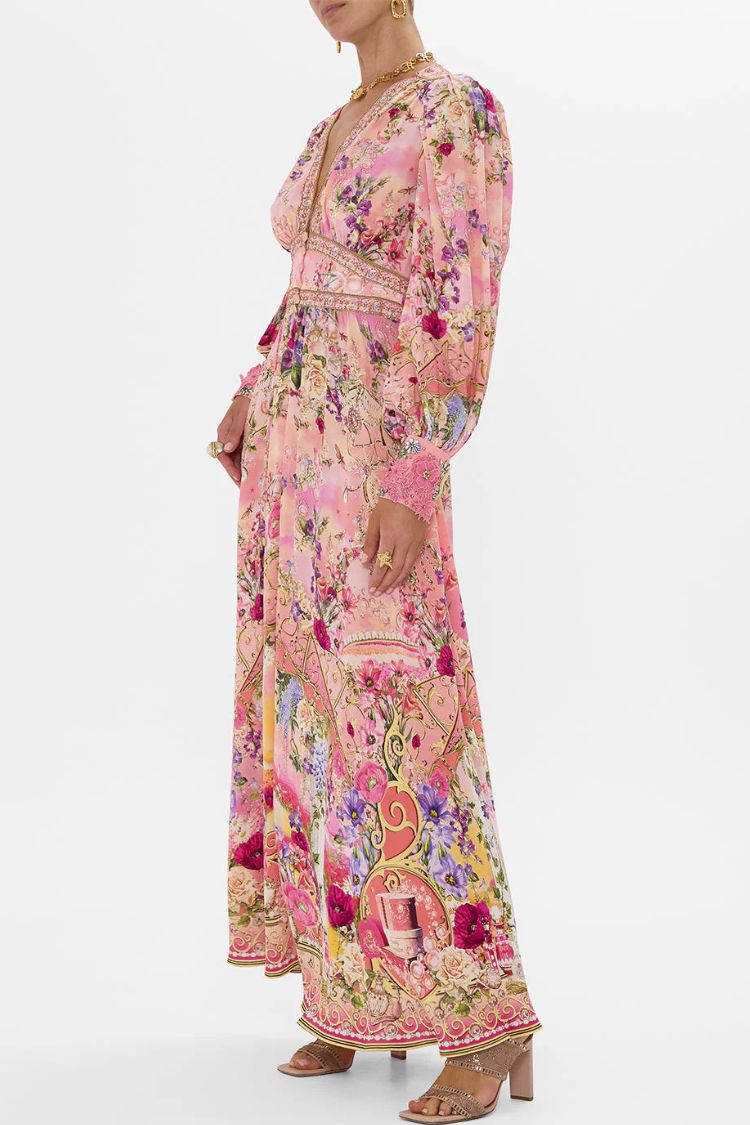 Printed V-neck Long-sleeved Puff Sleeve Waist Maxi Dress