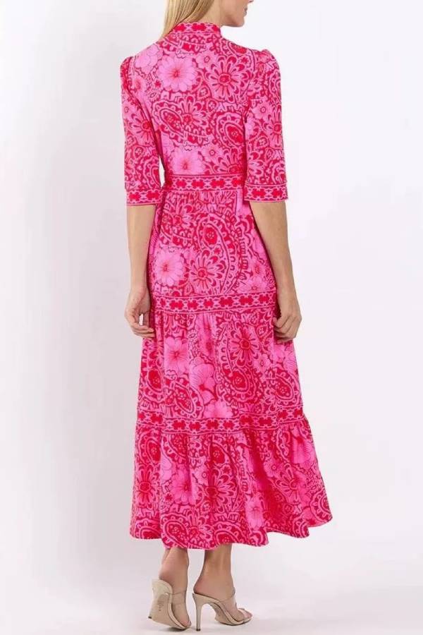 Bohemian Floral Print Stand Collar Elbow‑Sleeve Tiered Maxi Dress