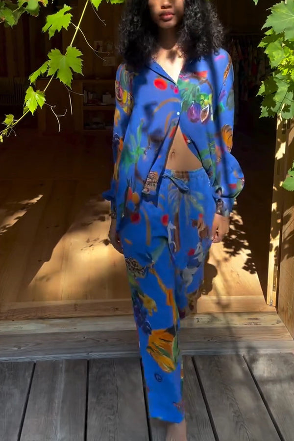 Unique Print Lapel Long Sleeve Loose Shirt and Elastic Waist Pocket Wide Leg Pants Set Blue