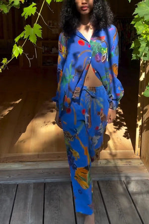 Unique Print Lapel Long Sleeve Loose Shirt and Elastic Waist Pocket Wide Leg Pants Set Blue