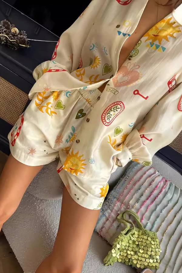 Retro Sun & Heart Print Long‑Sleeve Shirt & Shorts Two‑Piece Set