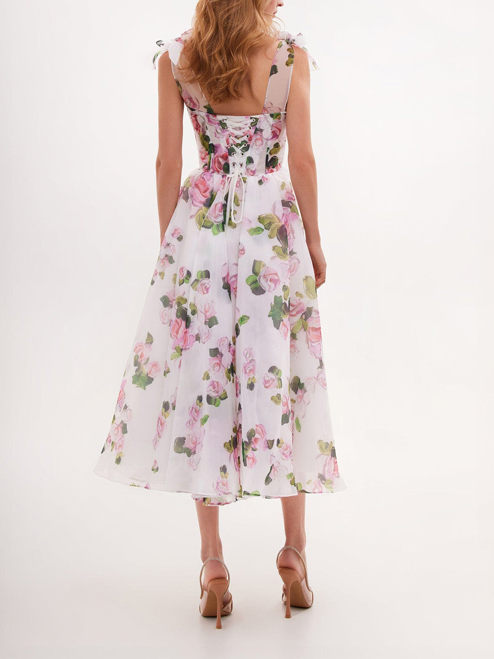 Robe midi à bretelles nouées et à fleurs tendres