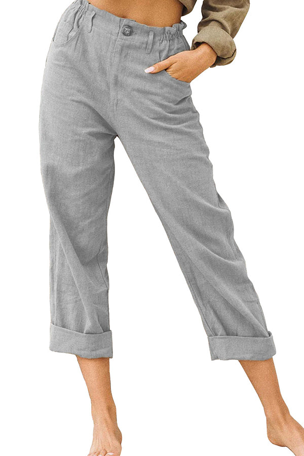 Solid color cotton and linen fashionable loose high waist casual pants Grey