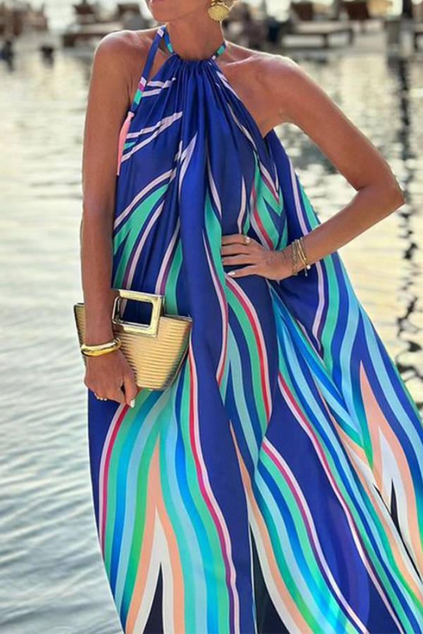 Blue Multi-Color Wavy Stripe Halter Sleeveless Loose Maxi Dress