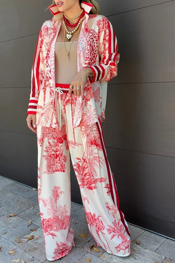 Esella Satin Jungle Print Long Sleeve Shirt and Elastic Waist Pocket Wide Leg Pants Set