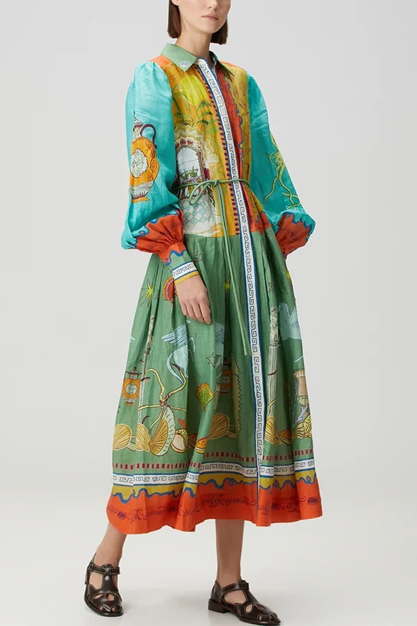 Puts A Smile Unique Print Lapel Lantern Sleeve Waist Tie Midi Dress