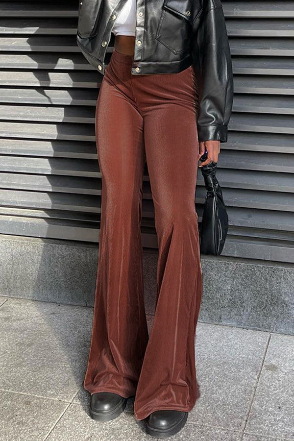 Solid color velvet elastic high waist slim casual bootcut pants for women fashion pants Brown